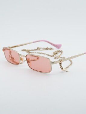 Gucci GG1600S 004 Women Sunglasses Gold Rectangle Frame, Pink Lenses